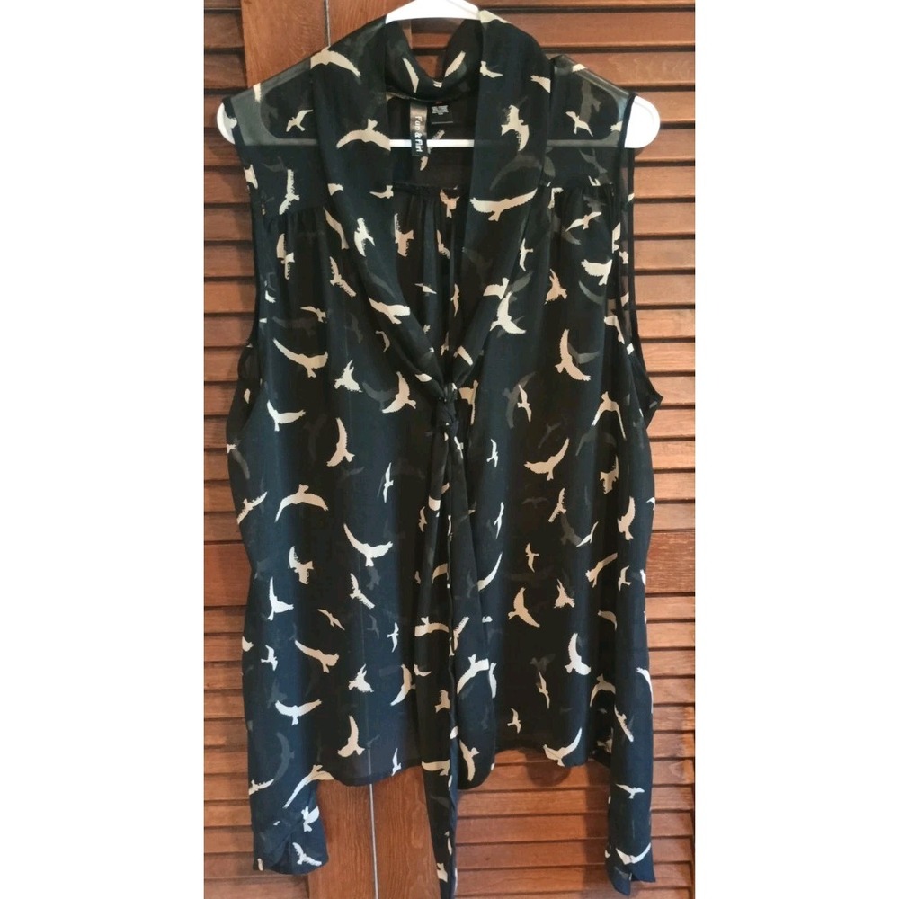 Fun & Flirt Women's Black Sheer Tie Front Sheer Blouse High Low 2X Bird Print